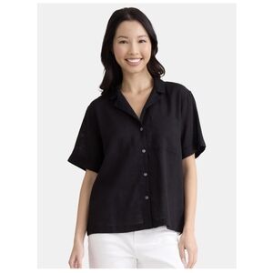 Black Linen Blend Short Sleeve Button Down Shirt